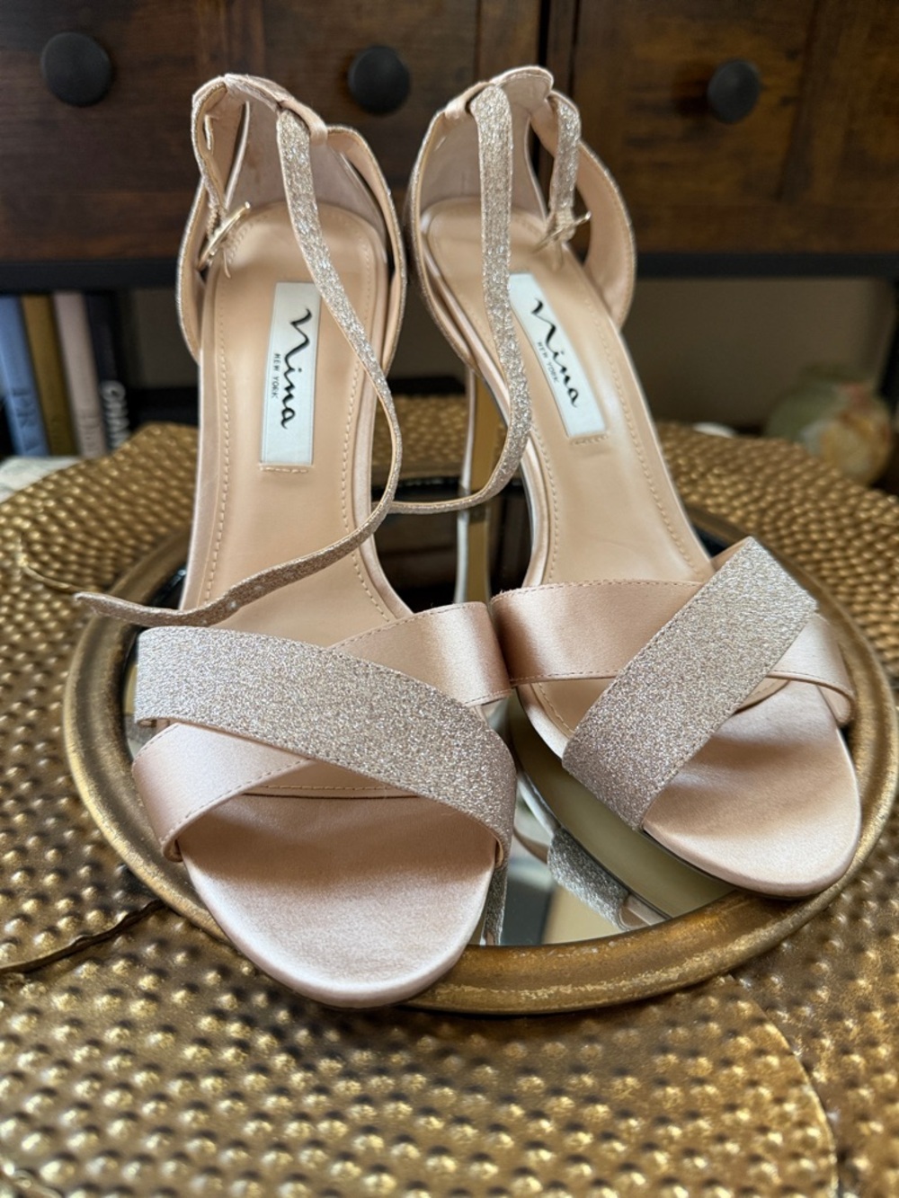 Nina Blush Pink Glitter Crossover Ankle-Strap Heels
